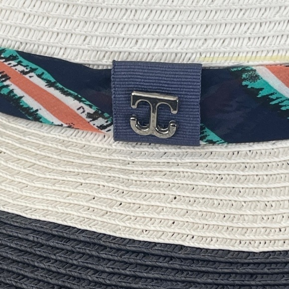 John Callanan Ivory & Navy Stripe Accent Toyo Straw Floppy Sun Hat - Picture 3 of 5